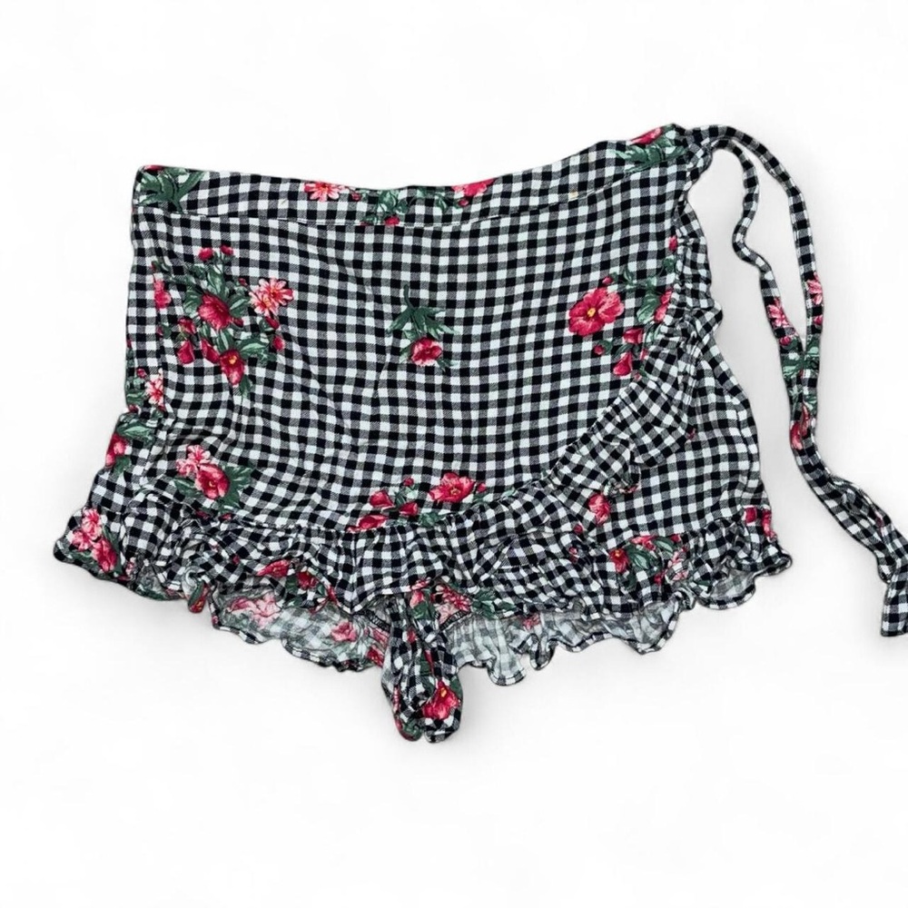 Forever 21 Black and White Gingham Floral Skort Faux Wrap